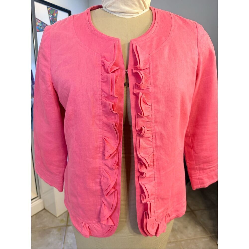 Kim Rogers Linen Lightweight Pink Ruffle Lined Jacket Medium Packable